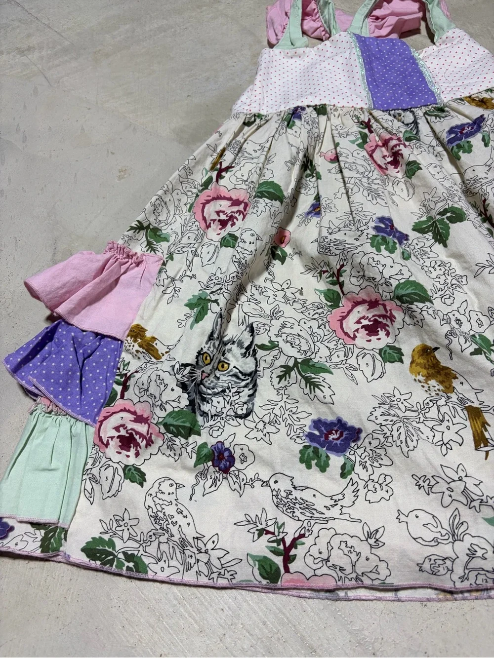 Olive mae boutique Dallas patchwork cat bird handmade dress 7/8